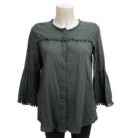 Johnny Was Calme Olive Green Bell Sleeve Fluted Pom Pom‎ Boho Blouse Top Small - Picture 1 of 9